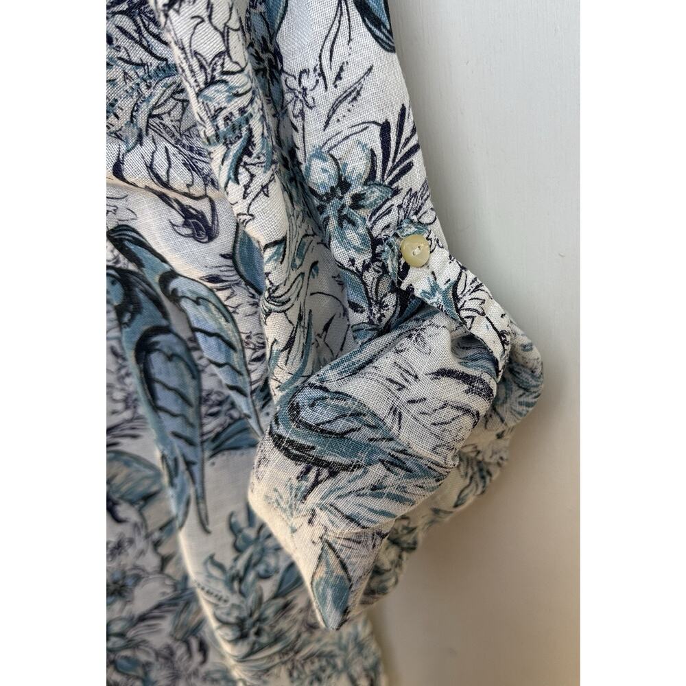 Tahari Linen Floral Blue Bird Tropical Print Button Front Tunic Cruise Vacation - Picture 3 of 7